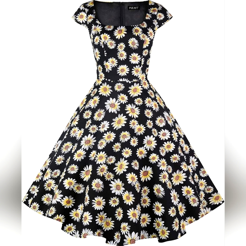 Women's Cocktail Party Dress with Cap Sleeves and Pockets